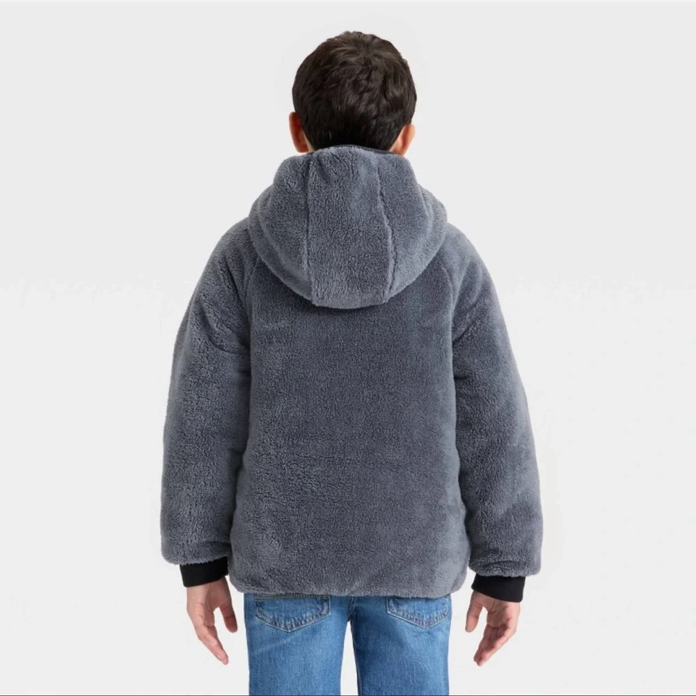 Cat & Jack Boys Hooded Reversible Puffer Jacket - Black/Gray Medium (8) NWT